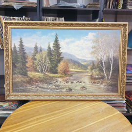 Картина "Осенняя река", размер полотна 100 х 59 см. Репринт на фанере.